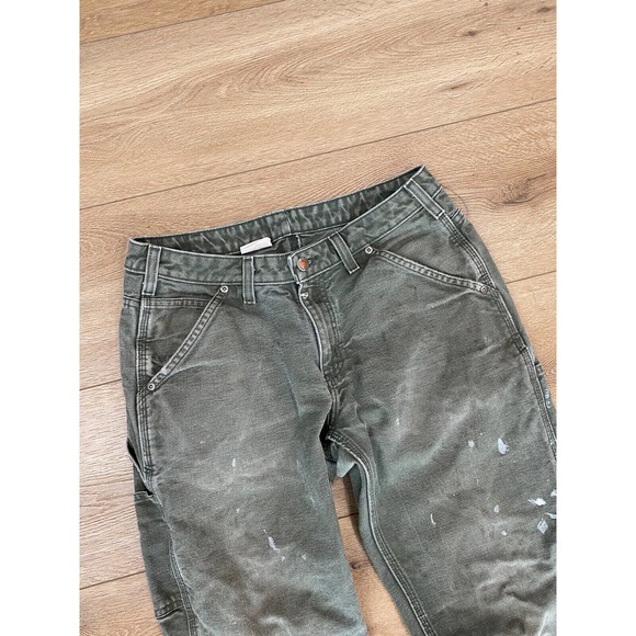 Carhartt Dungaree Pants Olive Green Size 32x31 Distressed Paint Repair - Picture 4 of 8